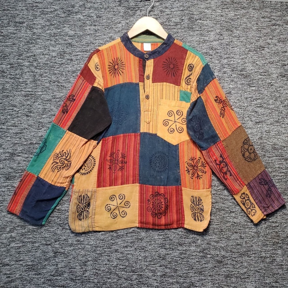 Handmade Nepalese Patchwork Block Print Tunic‎ Shirt Mens Large Blue Orange Boho